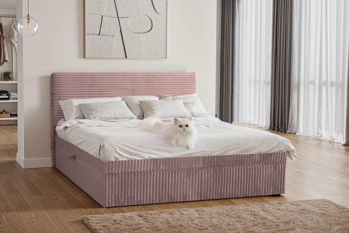 BOXBETT Bettkasten Und Topper TRENTO Ohne Bein Stoff Plüsch Cord 180x200 cm Rosa H2-Pocket - Rosa, Holz/Textil (180/200cm) - Kaiser Möbel