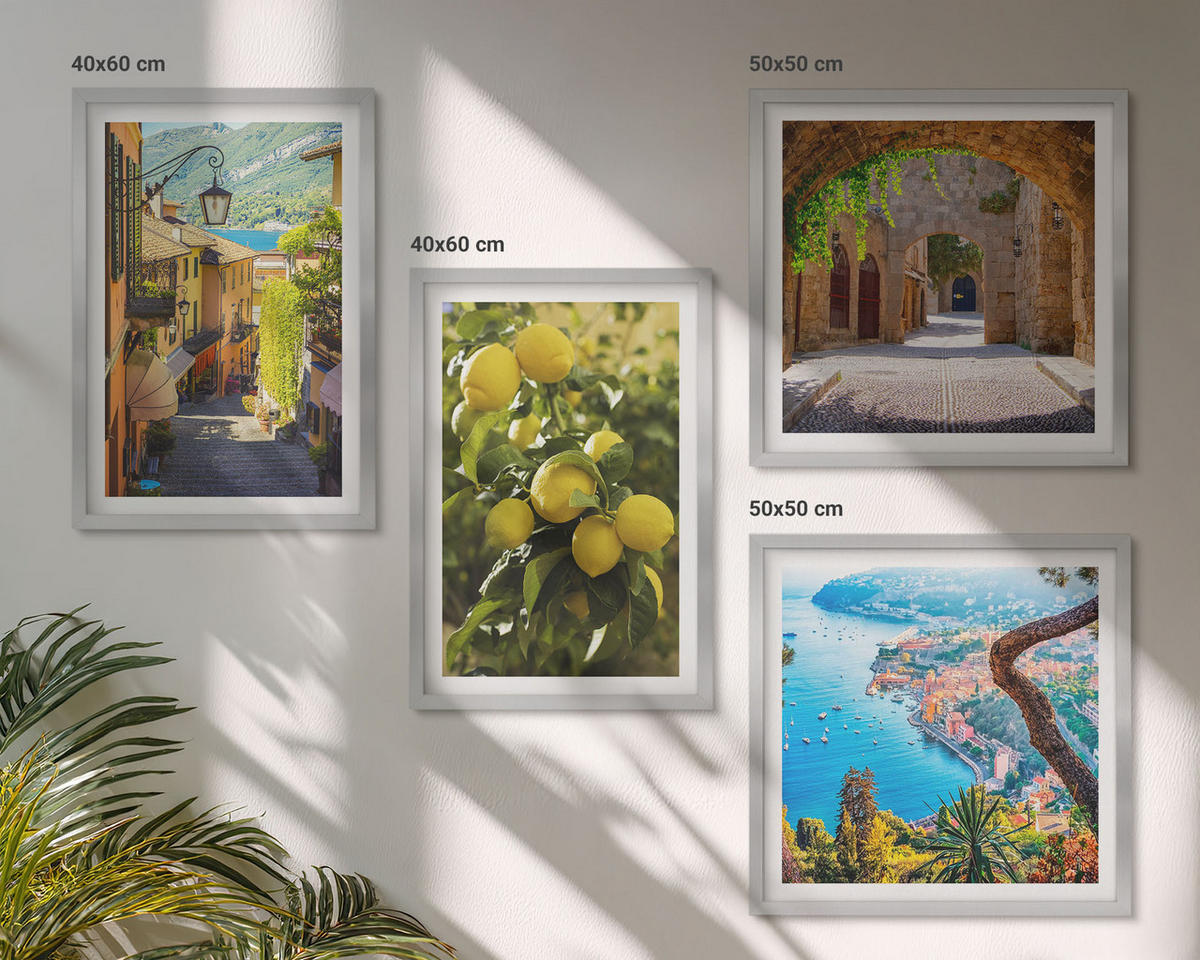 WANDBILDER 4er Set - 50x50 cm & 40x60 cm Silberner Rahmen - Straßen am Meer, ein Meer aus Zitronen - Silberfarben, Kunststoff (50/50cm) - ArtPrintCave