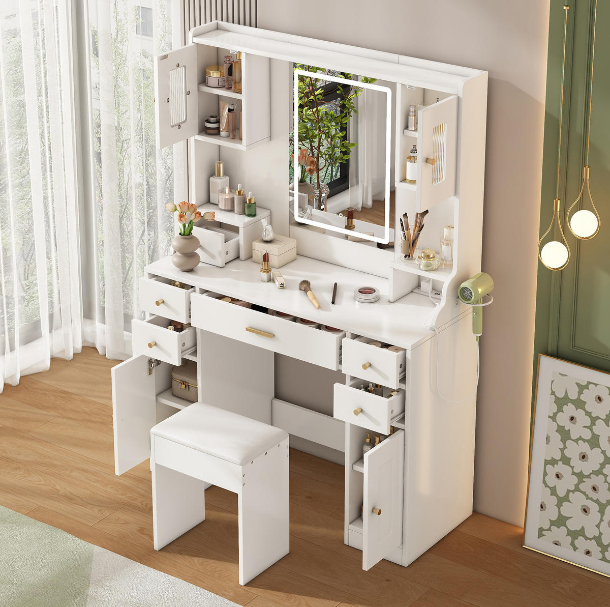 SCHMINKTISCH 105/40/152 cm in Weiß mit LED-Beleuchtung und 6 Schubladen - Weiß, Holzwerkstoff (40/152/105cm) - Flora Grace