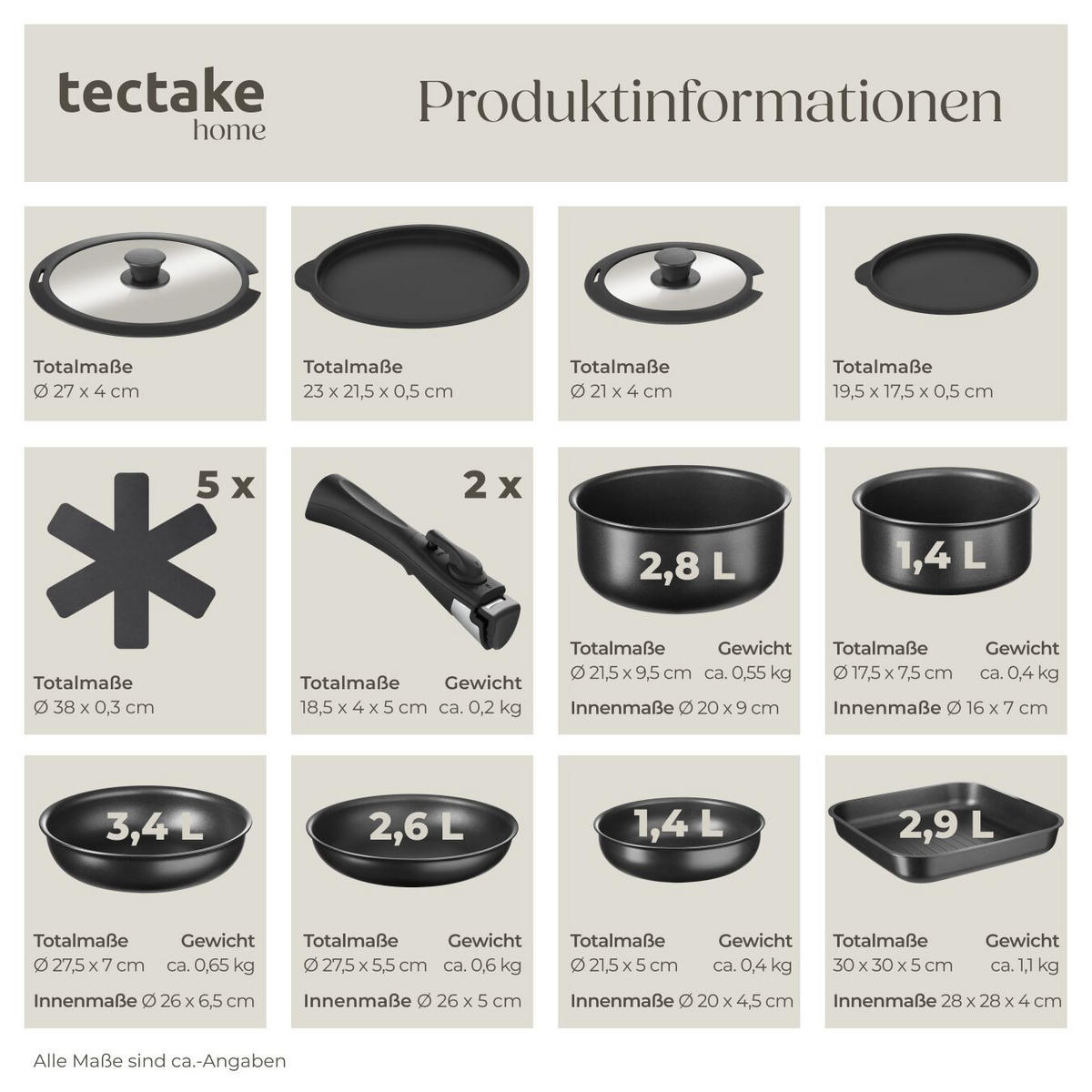 KOCHTOPFSET Parma,Ofenfest bis 175°C, mit 5 Topfschonern,schwarz - Schwarz, Metall - tectake