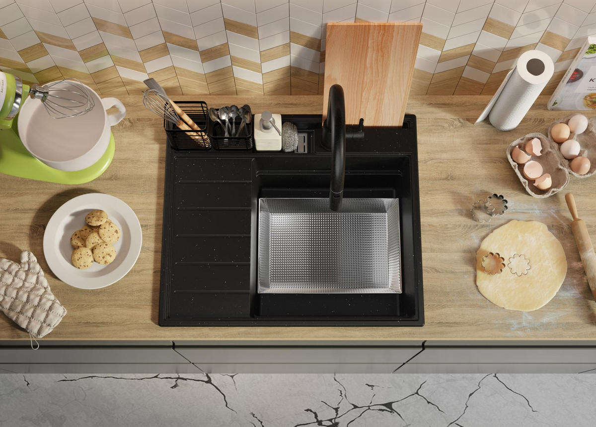 SPÜLBECKEN Sydney Pocket, 2-er set Schwarz Metallic 62/53 cm 1 Becken + Ablauf-Set + Küchenzubehörset ab 45er Unterschrank - Chromfarben/Schwarz Hochglanz, Kunststoff (62/20/53cm) - Primagran