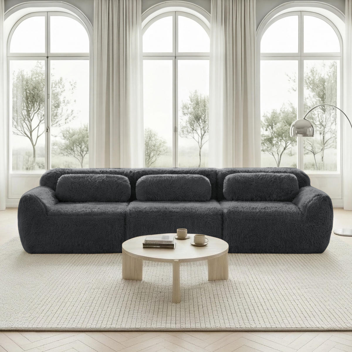 SOFA 291/104/73 cm in Grau aus Plüsch, modular und ohne Montage - Grau, Textil (104/73/291cm) - Flora Grace