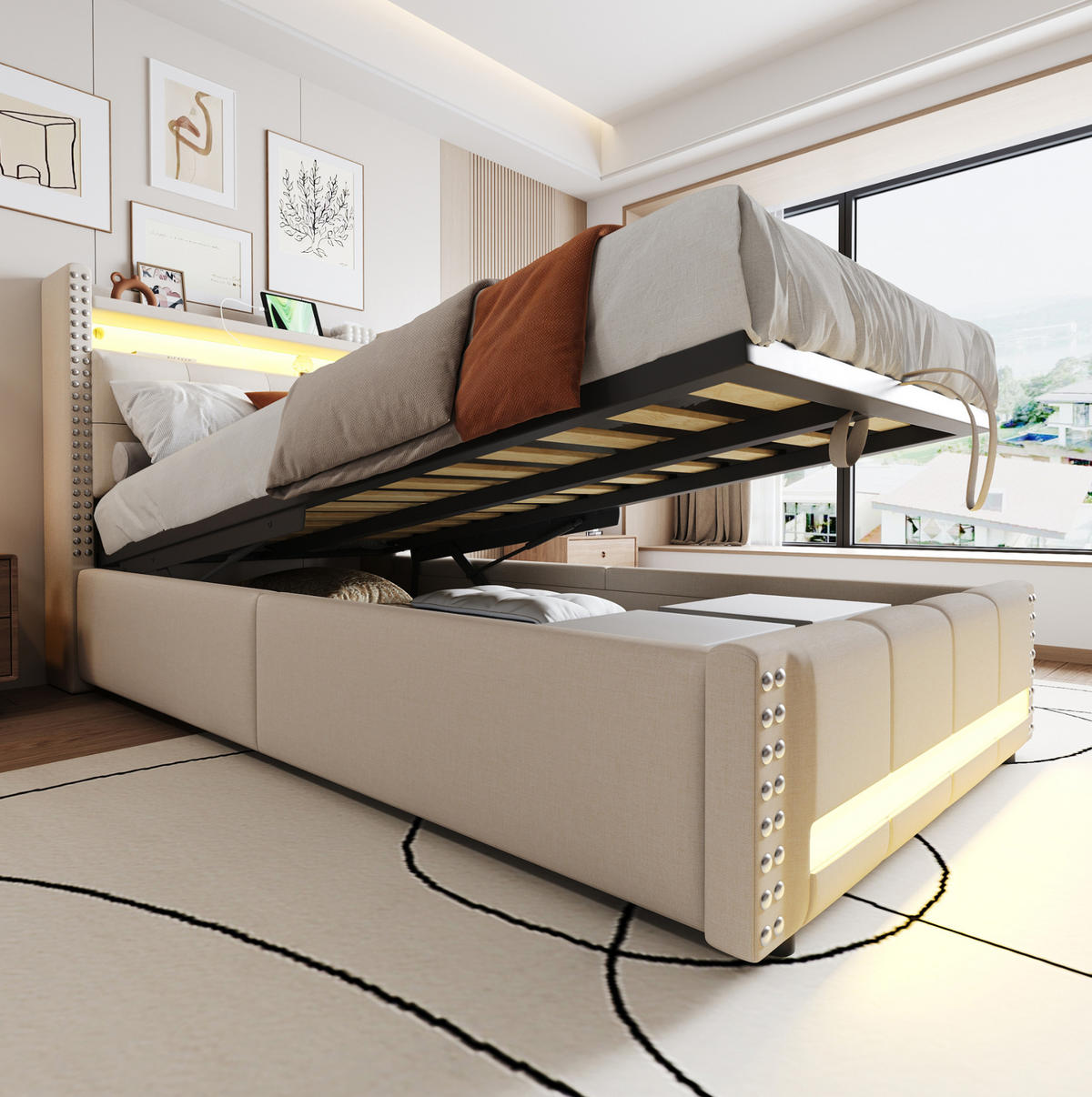 POLSTERBETT mit LED-Beleuchtung 90/200 cm mit Bettkasten und USB-Anschluss - Beige, Textil (90/200cm) - BEAOK