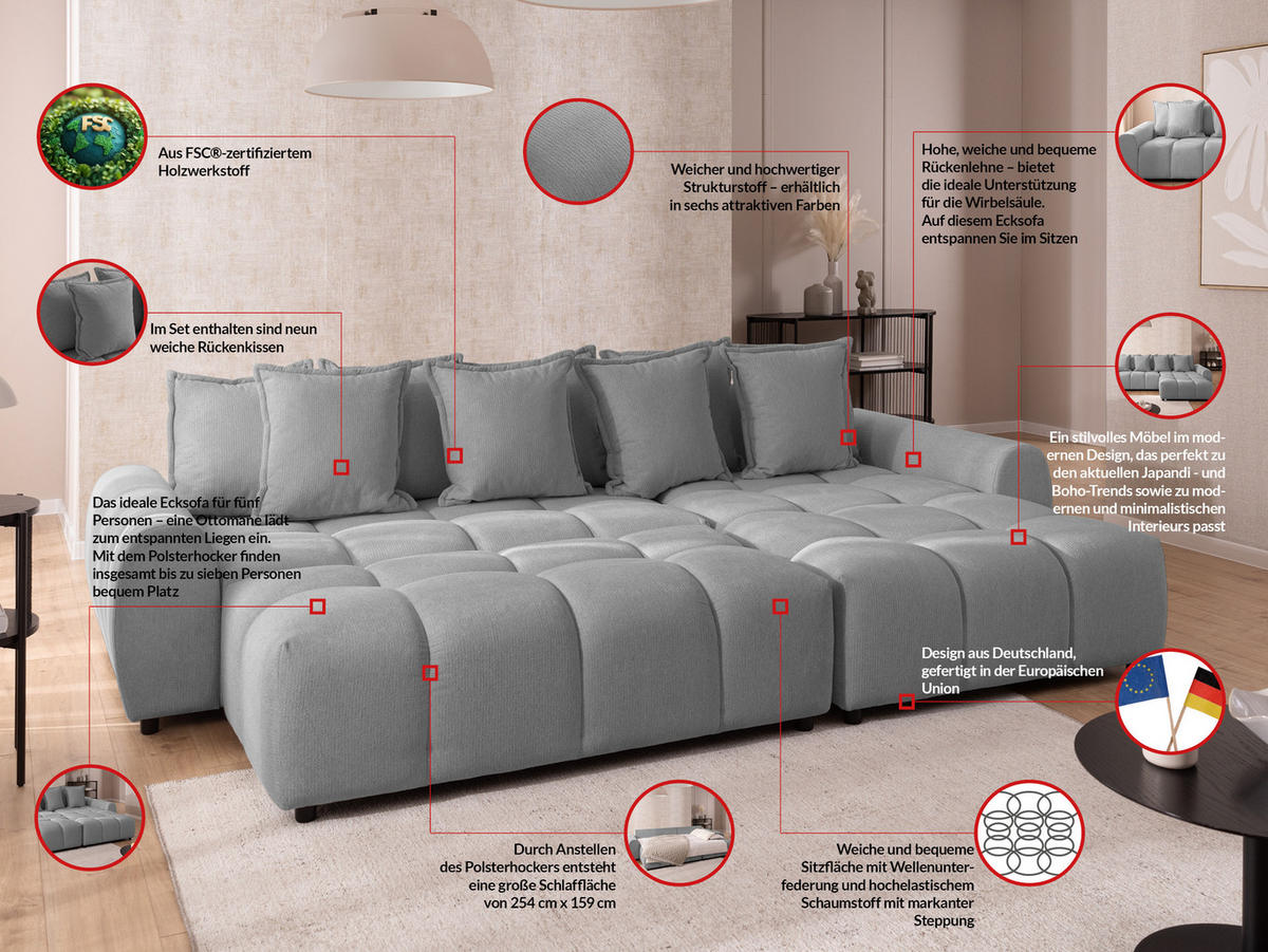 ECKSOFA inkl. Hocker Bubble mit Schlaffunktion und losen Rückenkissen, Sitzfläche Bubble-Optik aus weichem Grau Strukturstoff - Ottomane Rechts - Schwarz/Grau, Holz/Kunststoff (306/180cm) - S-Style Möbel