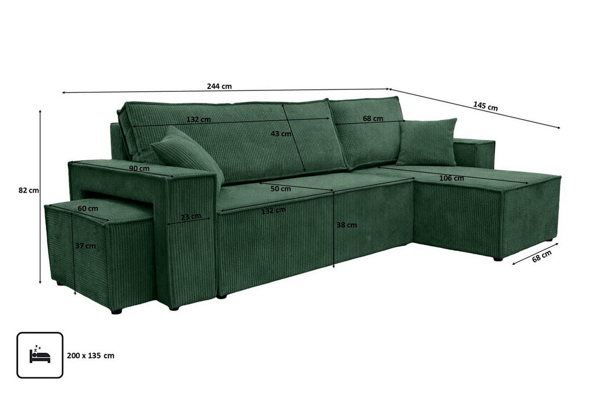 ECKSOFA Mit Schlaffunktion Und Pouf, Cordstoff Poso, Grün, Rechts, Best L Mit Pouf - Grün, Holz (244/145cm) - Kaiser Möbel