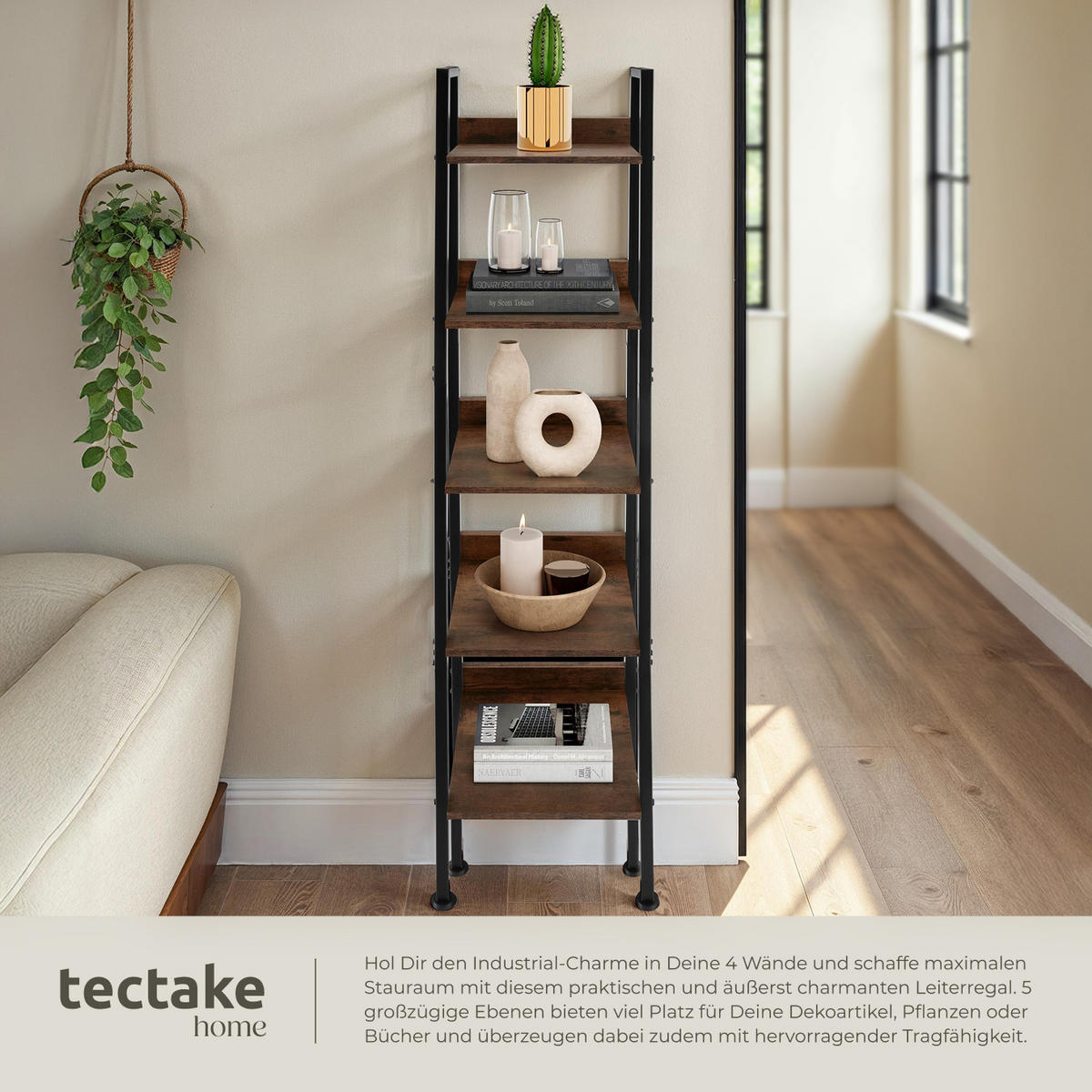 LEITERREGAL Folkestone,inklusive Kippschutz, 35,5 x 31,5 x 170,5 cm,Industrial Holz dunkel, rustikal - Rostfarben, Holzwerkstoff (31.5/170.5/35.5cm) - tectake