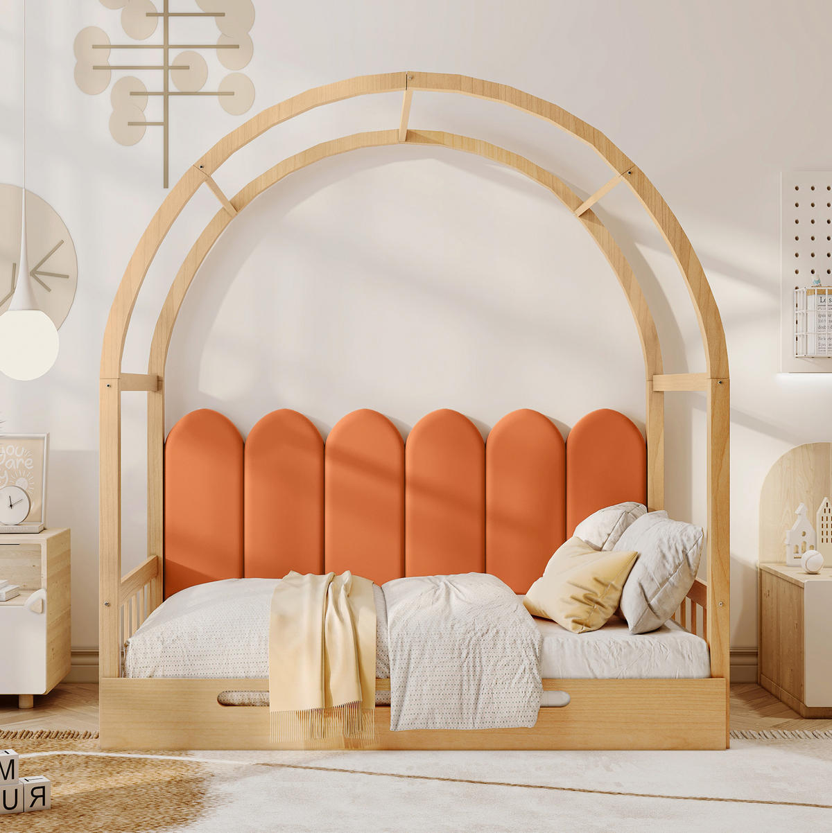KINDERBETT 140/200 cm ausziehbar mit gewölbtem Dach, Kiefer/MDF, 3-seitigem Schutz und Kissen, Natur/Orange - Naturfarben, Holzwerkstoff (140/200cm) - Redom