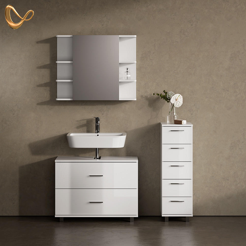 Thumbnail - Livinity® Badmöbel-Set, Weiß Hochglanz, Holzwerkstoff, 8 Fächer, 5 Schubladen, Rechteckig, 80x60x33 cm, Badezimmer, Badm...