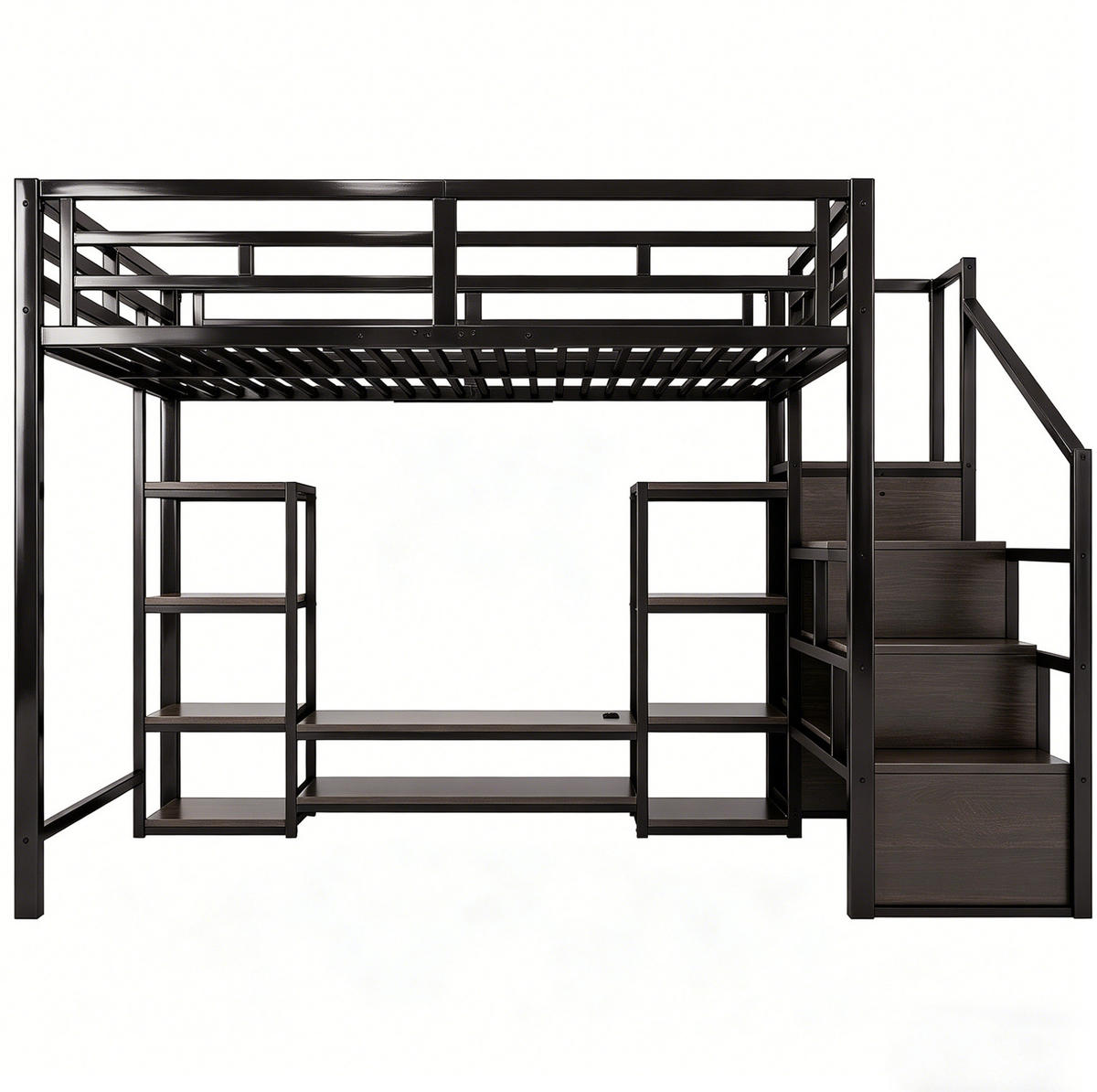 VYSOKÁ posteľ 140/200 cm čierna z kovu a MDF s TV stolíkom zásuvkou a úložným rebríkom - čierna, kompozitné drevo (140/200cm) - OKWISH