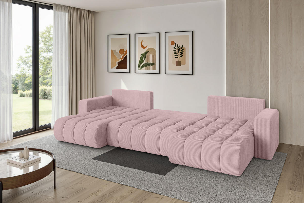 SEDACÍ SOUPRAVA DO U s funkcí spaní a úložným prostorem MILA-U-v1 378x194x86 růžová manšestr - růžová/černá, kompozitní dřevo/textil (378/86/194cm) - ALTDECOR