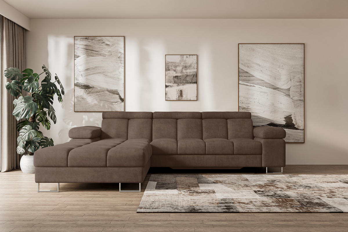 ECKSOFA mit Schlaffunktion Ottomane Links COMA L 271x203x79 Braun Velours - Braun, Holzwerkstoff/Textil (271/203cm) - ALTDECOR
