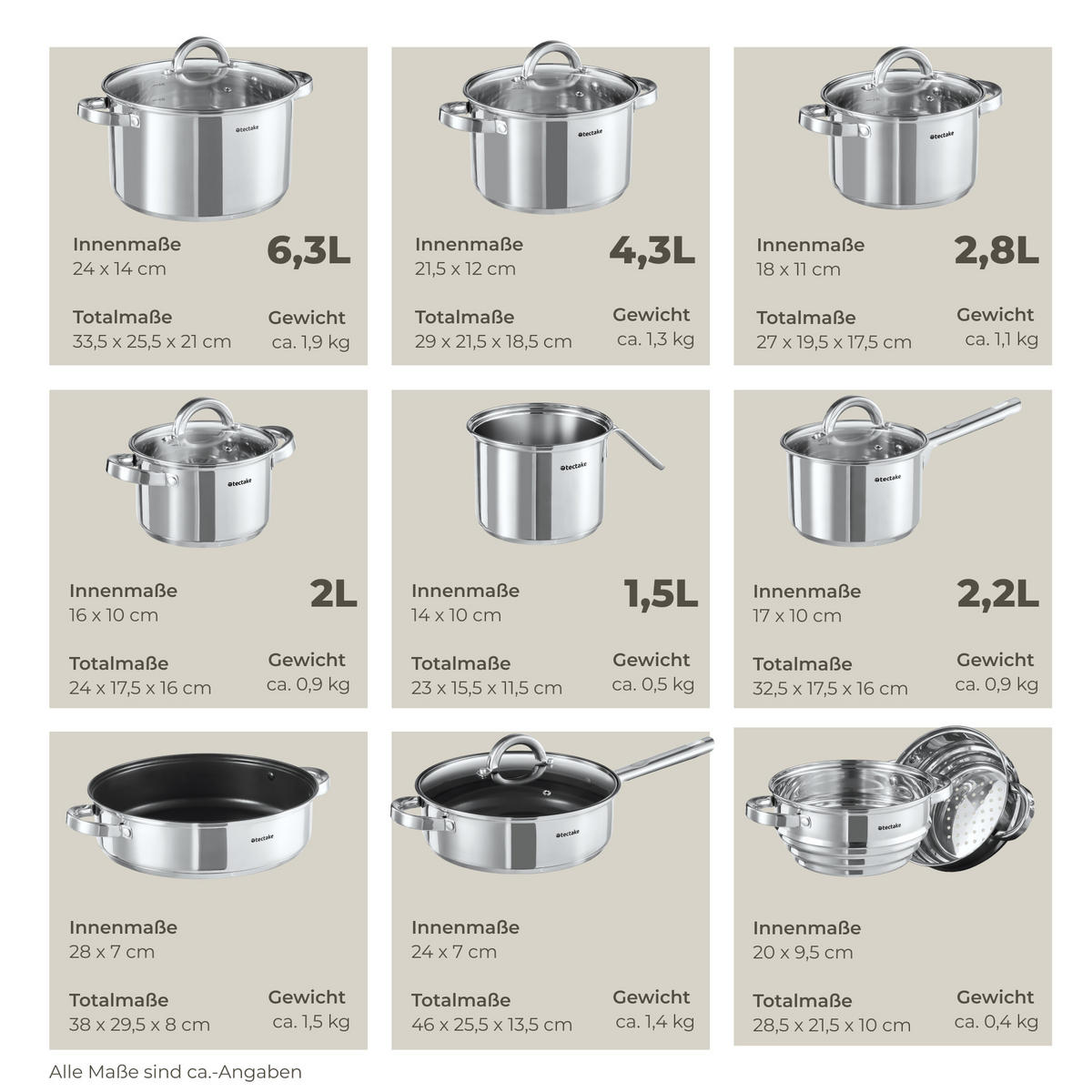 KOCHTOPFSET Turin,integrierte Messskala in den Töpfen,silber - Silberfarben, Metall - tectake