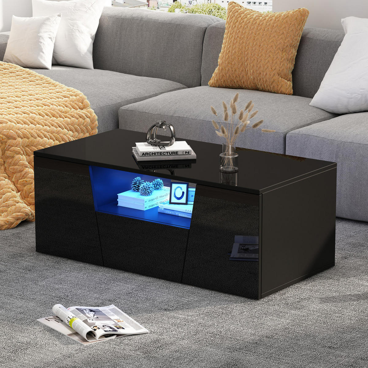 COUCHTISCH 100x50cm Schwarz Hochglanz LED Unregelmäßig 2 Schränke Schublade - Schwarz, Holz (109.22/59.51/12.98cm) - FLIEKS