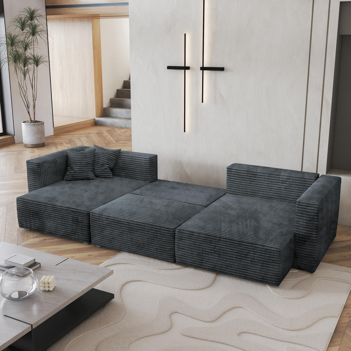 WOHNLANDSCHAFT SARMO Grau Kordstoff mit Schlaffunktion - Grau, Holz (347/90/148cm) - MASSENO