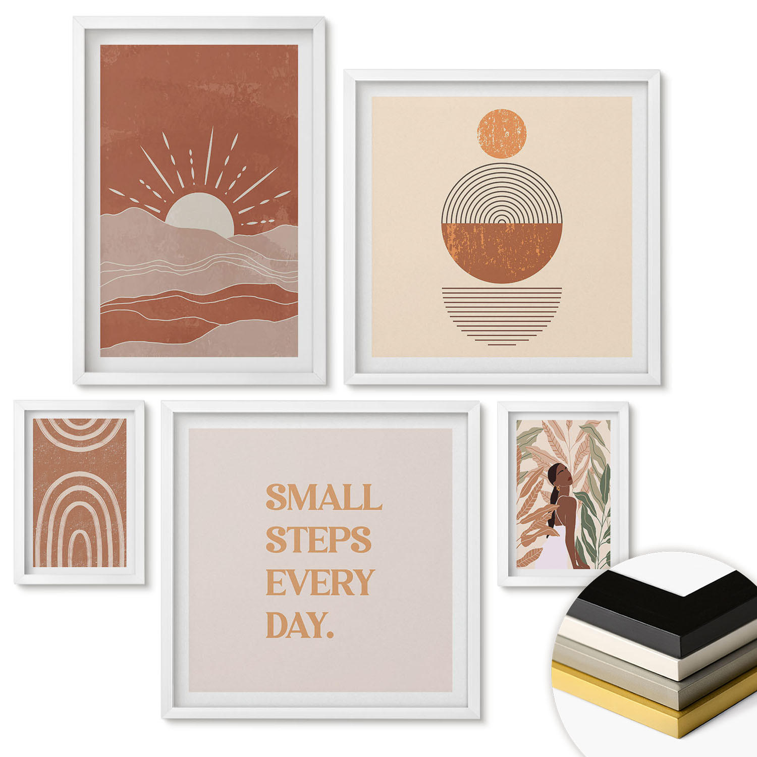 WANDBILDER 5er-Set - 50x50 cm & 20x30 cm & 40x60 cm Weißer Rahmen - Ein entspannter Buddha am Strand - Weiß, Kunststoff (40/60cm) - ArtPrintCave