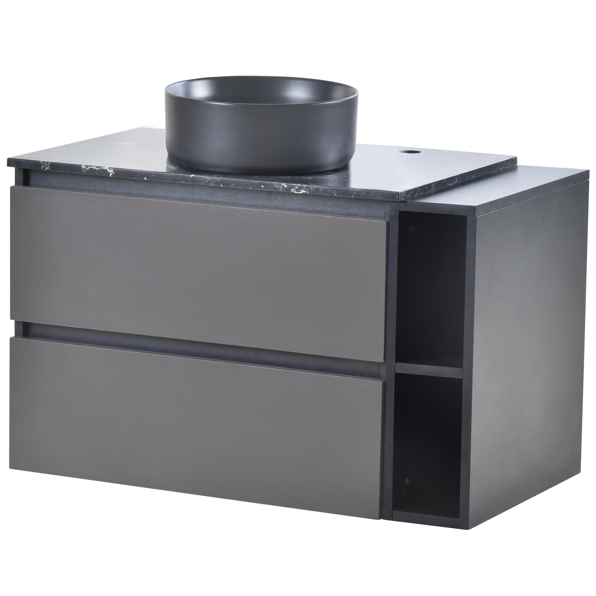 WASCHBECKENUNTERSCHRANK Badezimmer-Waschtisch Marmorplatte schwarzes Rundbecken Stauraum modern pflegeleicht - Grau, Keramik/Holzwerkstoff (80/48.5/44cm) - EVRYAE