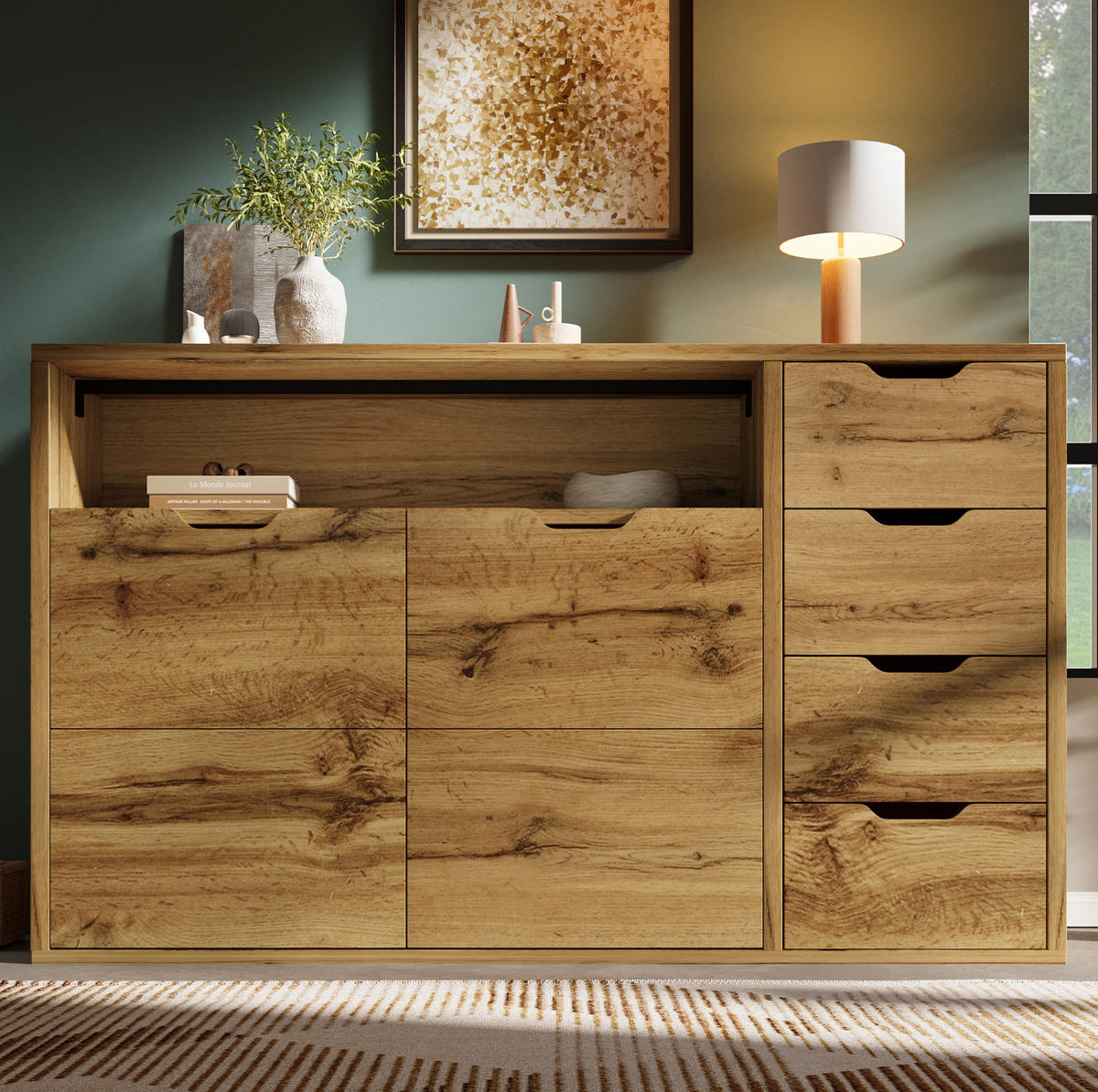 SIDEBOARD 150/40/90 cm eichefarben aus MDF und Metall mit 4 Schubladen und Softclose - Eichefarben, Holzwerkstoff (150/90/40cm) - OKWISH