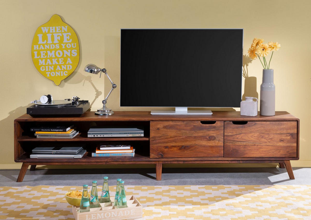 TV-BOARD Sheesham 220x40x48 walnuss gewachst MALMÖ 2 #125 - Dunkelbraun, Holz (220/48/40cm) - Massivmoebel24