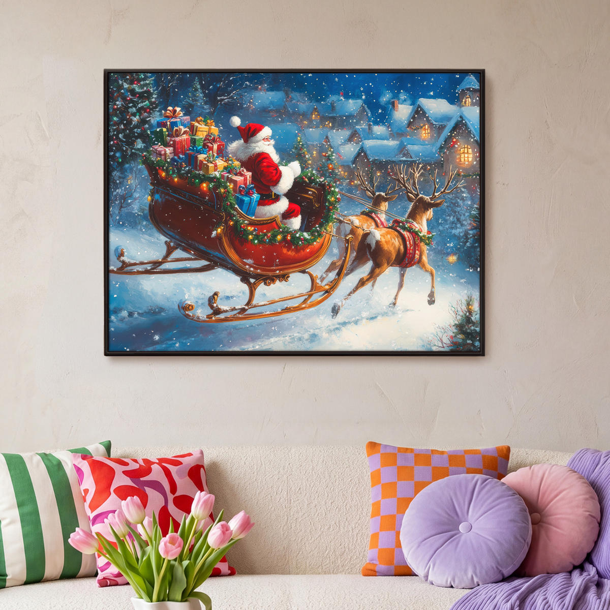LEINWAND Bilder mit Rahmen - Weihnachtsmann - Rentier - Weihnachten - Schnee - 100x70 - Cognac, Textil (100/70cm) - MuchoWow
