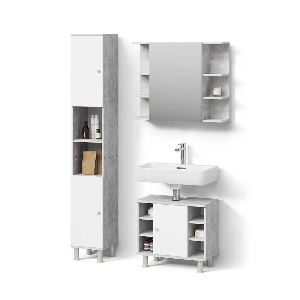 BADMÖBEL-SET Fucino Beton 3 Teile, mit Hochschrank - Weiß/Grau, Holzwerkstoff (60/54/32cm) - Livinity®