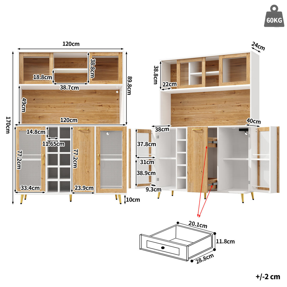 KOMODA, 120/40/170 cm, MDF bijela/dekor drveta, s LED rasvjetom i utičnicom - bijela, drvni materijal (120/170/40cm) - BEAOK