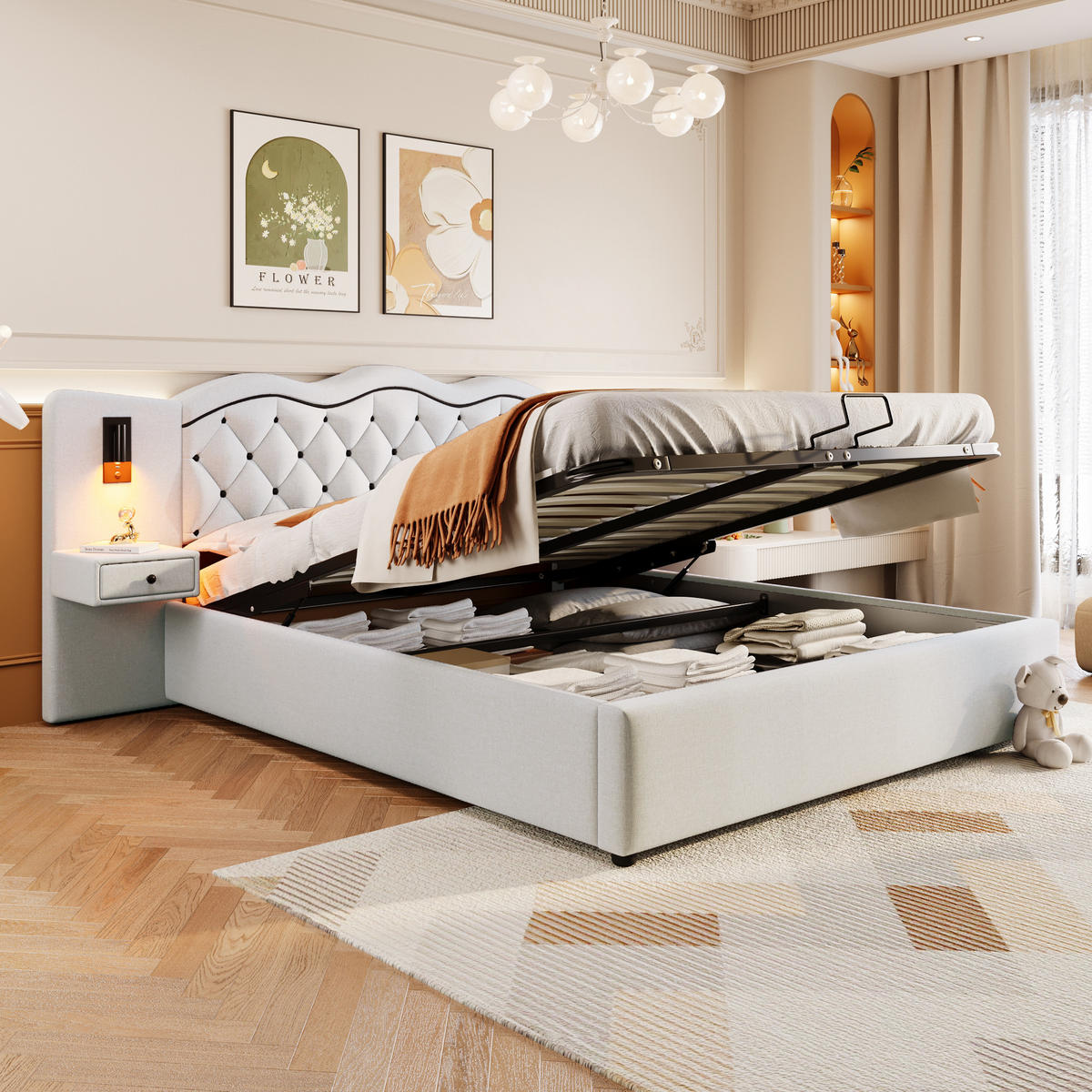 FLACHBETT 180x200cm Beige gepolstert Hydraulik USB 2 Nachttischlampen - Beige, Holz (180/200cm) - FLIEKS