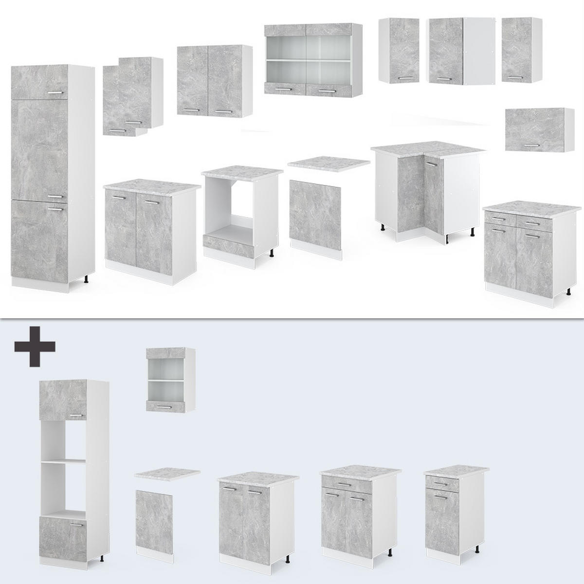 ECKKÜCHE R-Line Beton/Weiß 227 x 287 cm, AP Anthrazit - Schieferfarben/Weiß, Holzwerkstoff (287/81.6/60cm) - Vicco