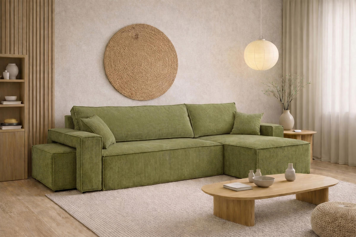 ECKSOFA Mit Schlaffunktion Und Pouf, Cordstoff Poso, Olive, Rechts, Best L Mit Pouf - Olivgrün, Holz (244/145cm) - Kaiser Möbel