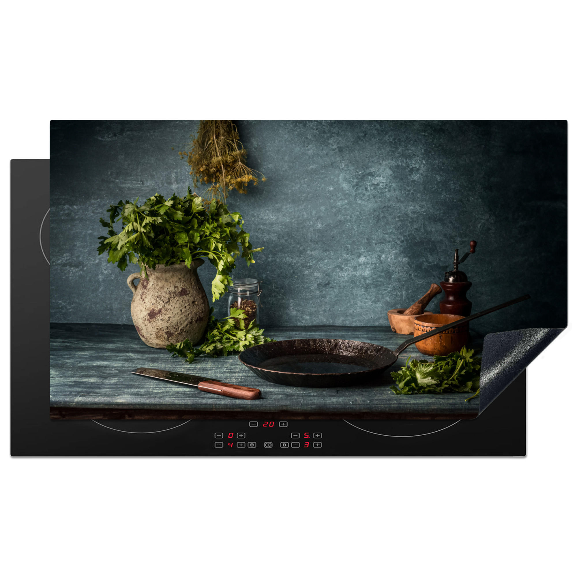 MuchoWow KRYT NA INDUKČNÍ DESKU Bylinky - Koření - Pánev - Nůž - Šedý - Rustikální 91.6x52.7 cm
