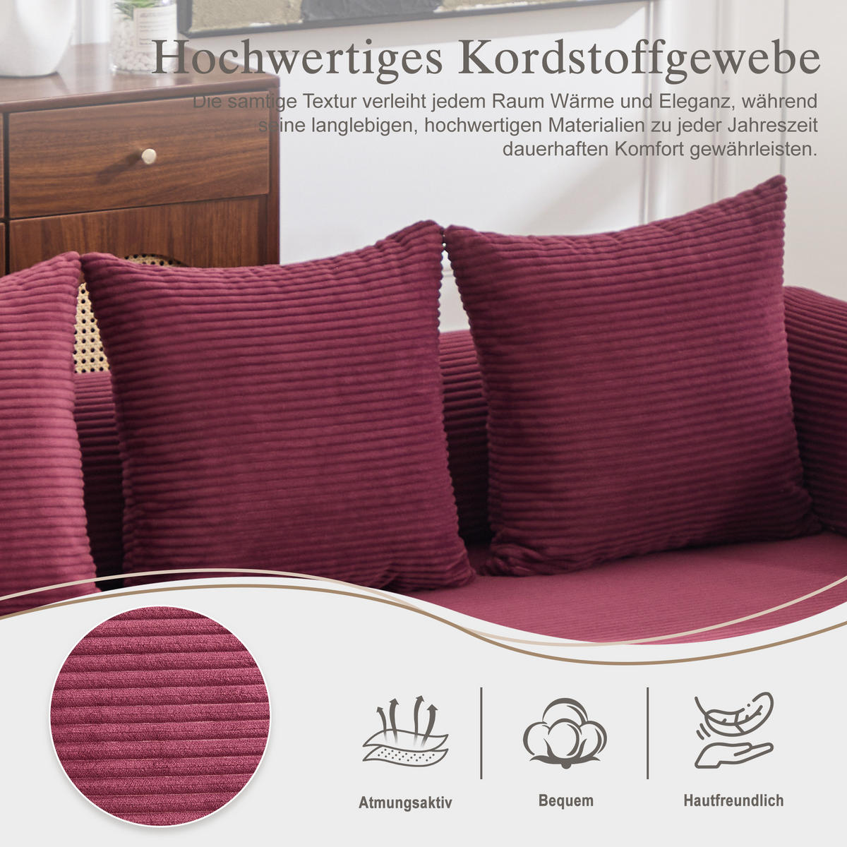 ECKSOFA Cord Weinrot mit Hocker und Kissen - Weinrot, Textil/Metall (218/285cm) - WISHDOR