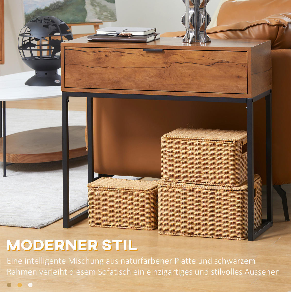 KONSOLENTISCH aus Holzwerkstoff 80x30x76 cm Natur mit Schublade im Industriedesign - Naturfarben, Holzwerkstoff (30/80/76cm) - Modfu