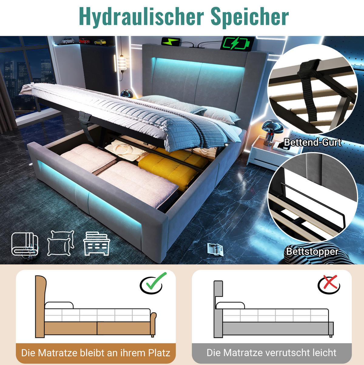 POLSTERBETT 90/200 cm Grau aus Samt mit Stauraum und LED-Beleuchtung - Grau, Textil (90/200cm) - OKMYHOME