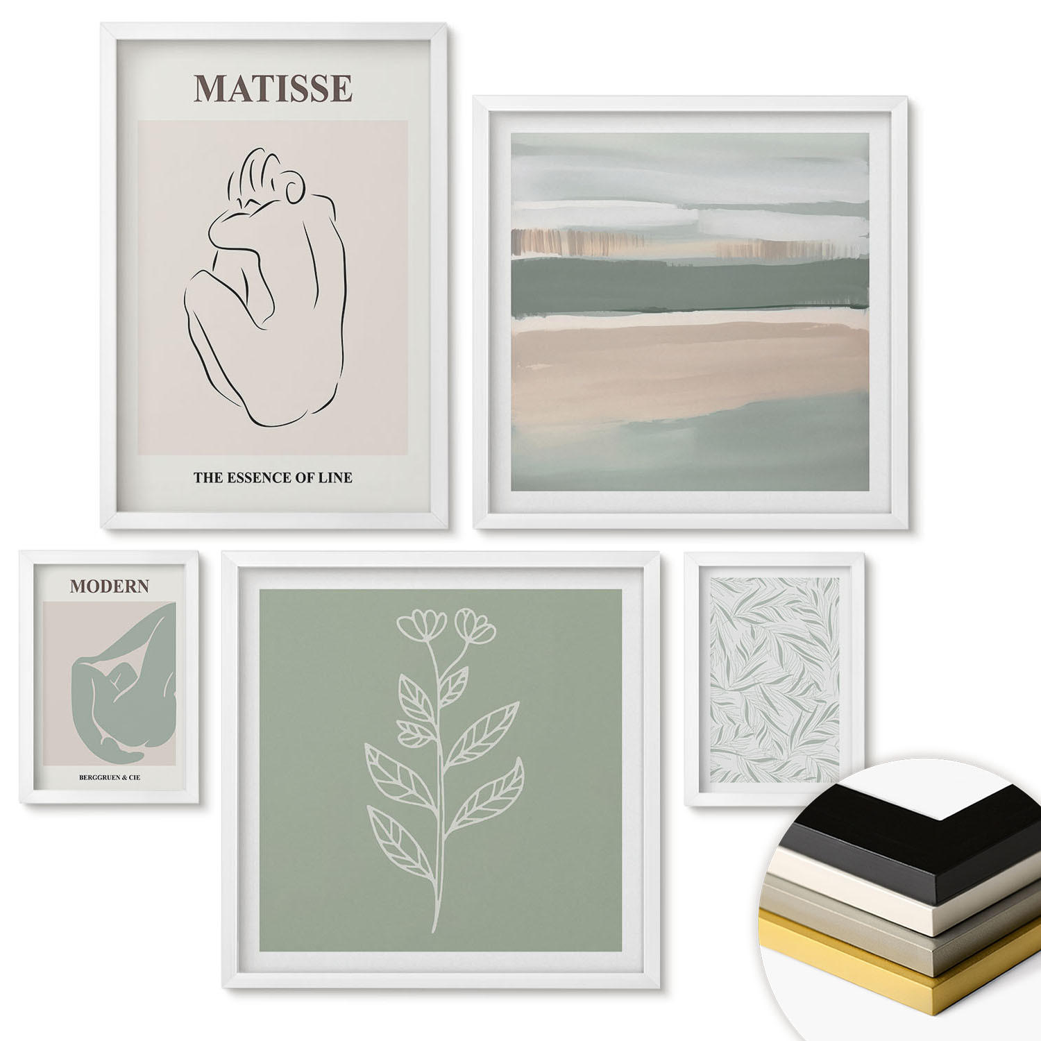 WANDBILDER 5er-Set - 50x50 cm & 20x30 cm & 40x60 cm Weißer Rahmen - Abstrakte Pflanzenformen - Weiß, Kunststoff (40/60cm) - ArtPrintCave