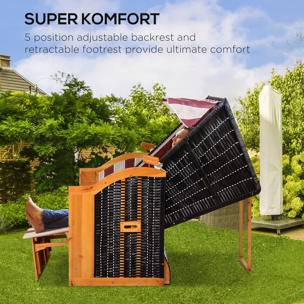 DOPPELTE Sonnenliege mit Dach 5-stufige Rückenlehne PE-Rattan Rot+Weiß 118 x 79 x 160 cm - Weiß, Kunststoff (79/160/118cm) - Outsunny