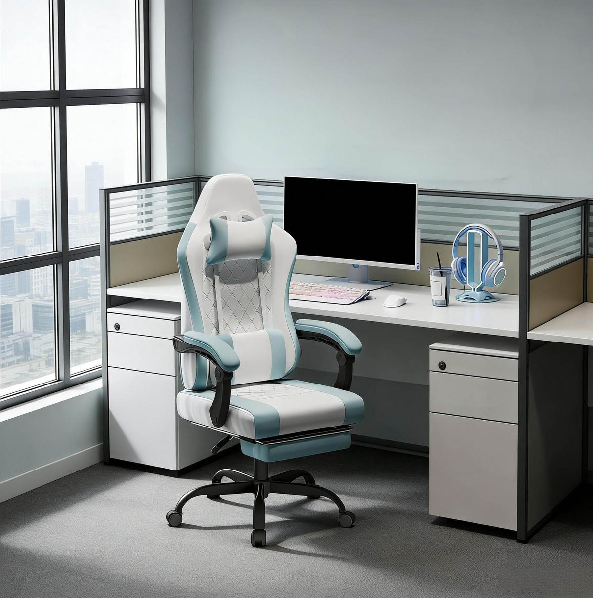 BÜROSTUHL ergonomisch mit Massagefunktion Blau/Weiß - Blau, Metall (70/127/70cm) - Meubliv