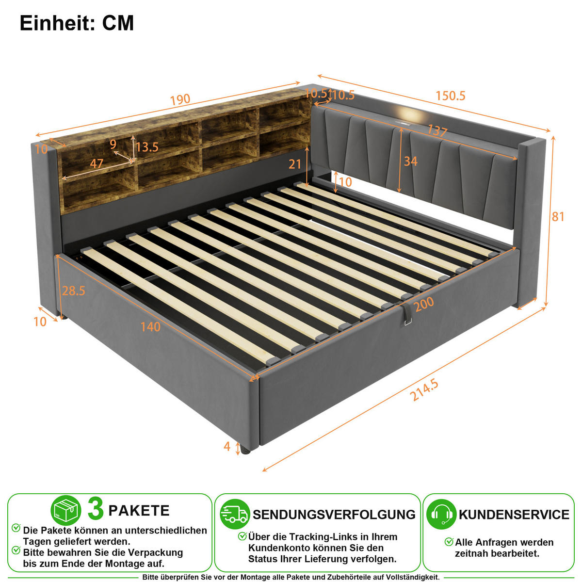 POLSTERBETT 140/200 cm in Dunkelgrau mit Bettkasten, Nachtlicht, USB und Type-C - Grau, Holzwerkstoff/Textil (140/200cm) - CHICFURN
