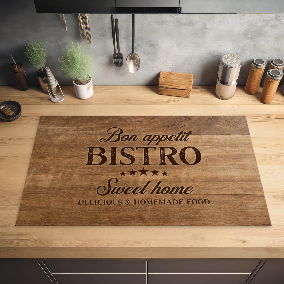 HERABDECKPLATTE - Zitat - Bistro - Guten Appetit - Süßes Zuhause - Holzmaserung - 85x50 - Braun, Kunststoff (85/50/0.2cm) - MuchoWow