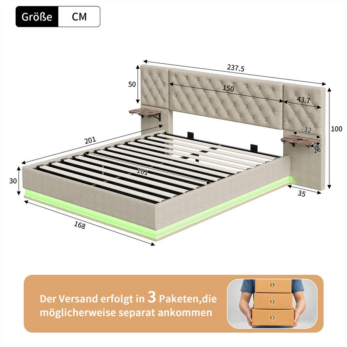 POLSTERBETT 160x200cm mit USB- & Type-C Ladeanschluss -Hydraulik-Stauraum und LED-Beleuchtung - Beige - Beige, Textil (160/200cm) - DELFA