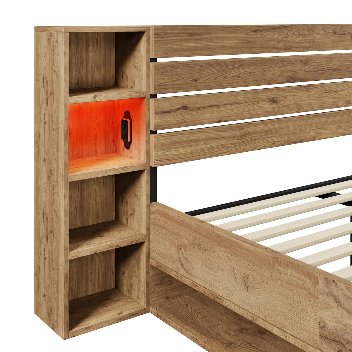 BETT 180/200 mit LED, Schubladen und USB-C in Eiche - Eichefarben, Holzwerkstoff/Metall (180/200cm) - EVRYAE