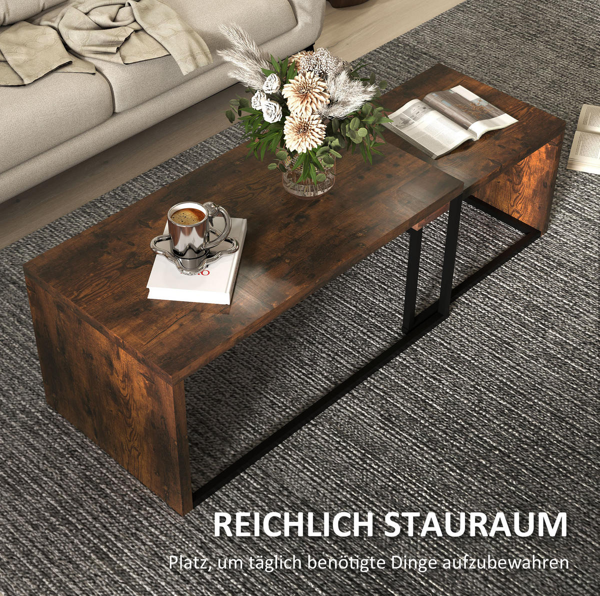 COUCHTISCH-SET 90/48/42 cm & 59/42/36 cm aus Holzwerkstoff mit Metallgestell - Braun, Holz (90/48/42cm) - Flora Grace