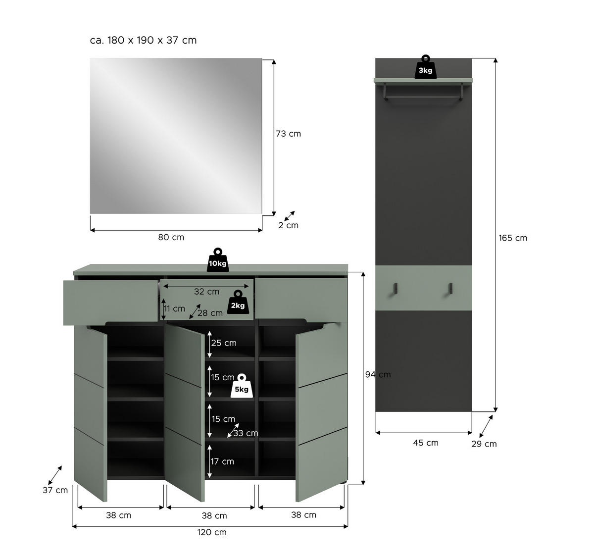 GARDEROBE-SET Salbei und grau, Garderobe 3-teilig, 180 x 190 cm, Soft-Close, Cooper - Salbeigrün/Dunkelgrau, Holzwerkstoff/Kunststoff (180/190/37cm) - Inn.Furn