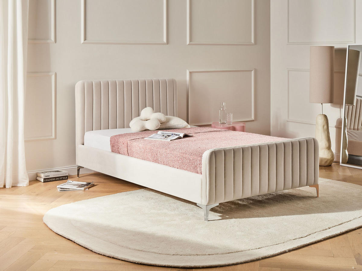 BETT mit Lattenrost 120/200 cm Hellbeige Lunan - Beige/Silberfarben, Textil (120/200cm) - Beliani