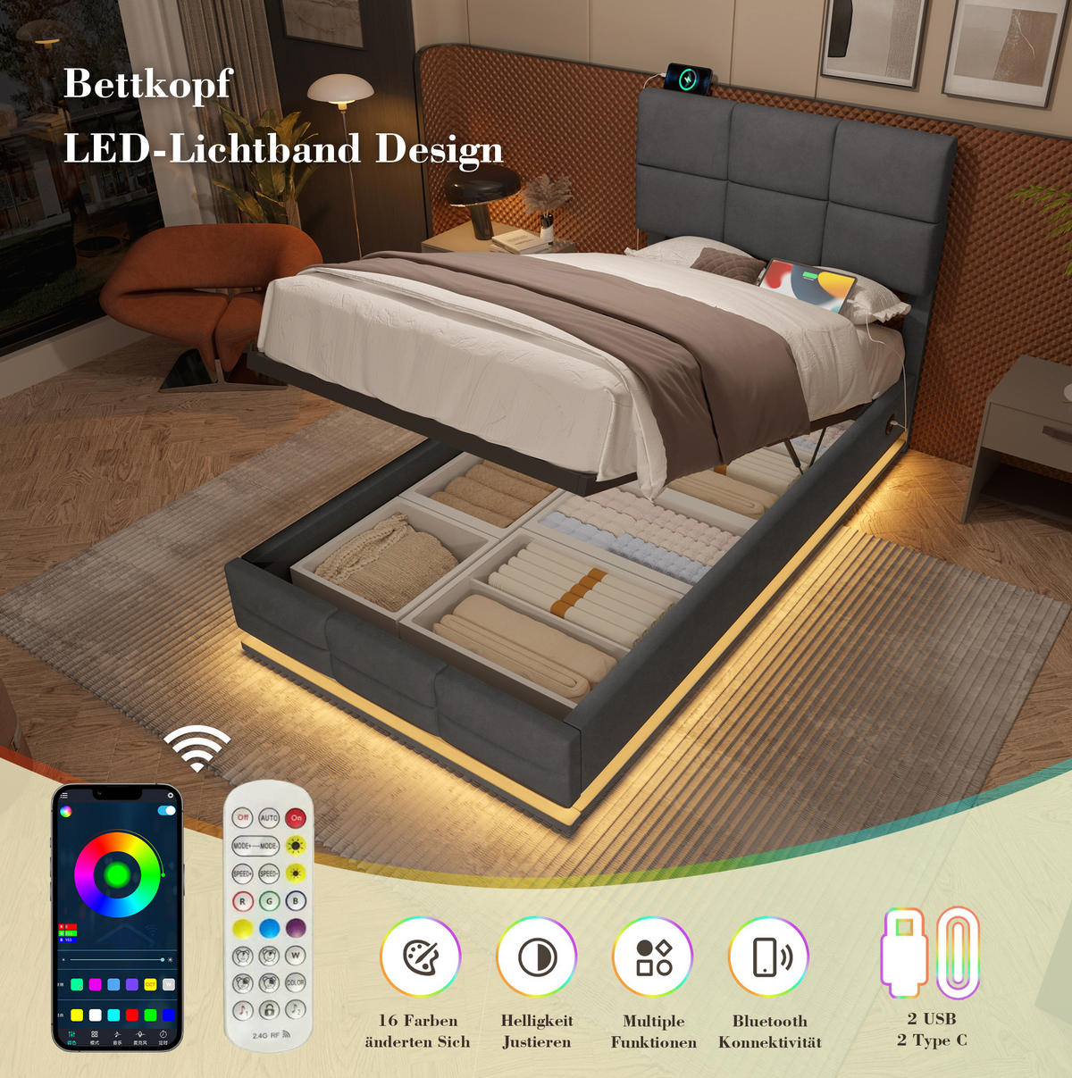 ČALOUNĚNÁ postel 90/200 cm s LED osvětlením, USB-C/USB porty a hydraulickým úložným prostorem, Tmavě šedá - tmavě šedá, textil (90/200cm) - Redom