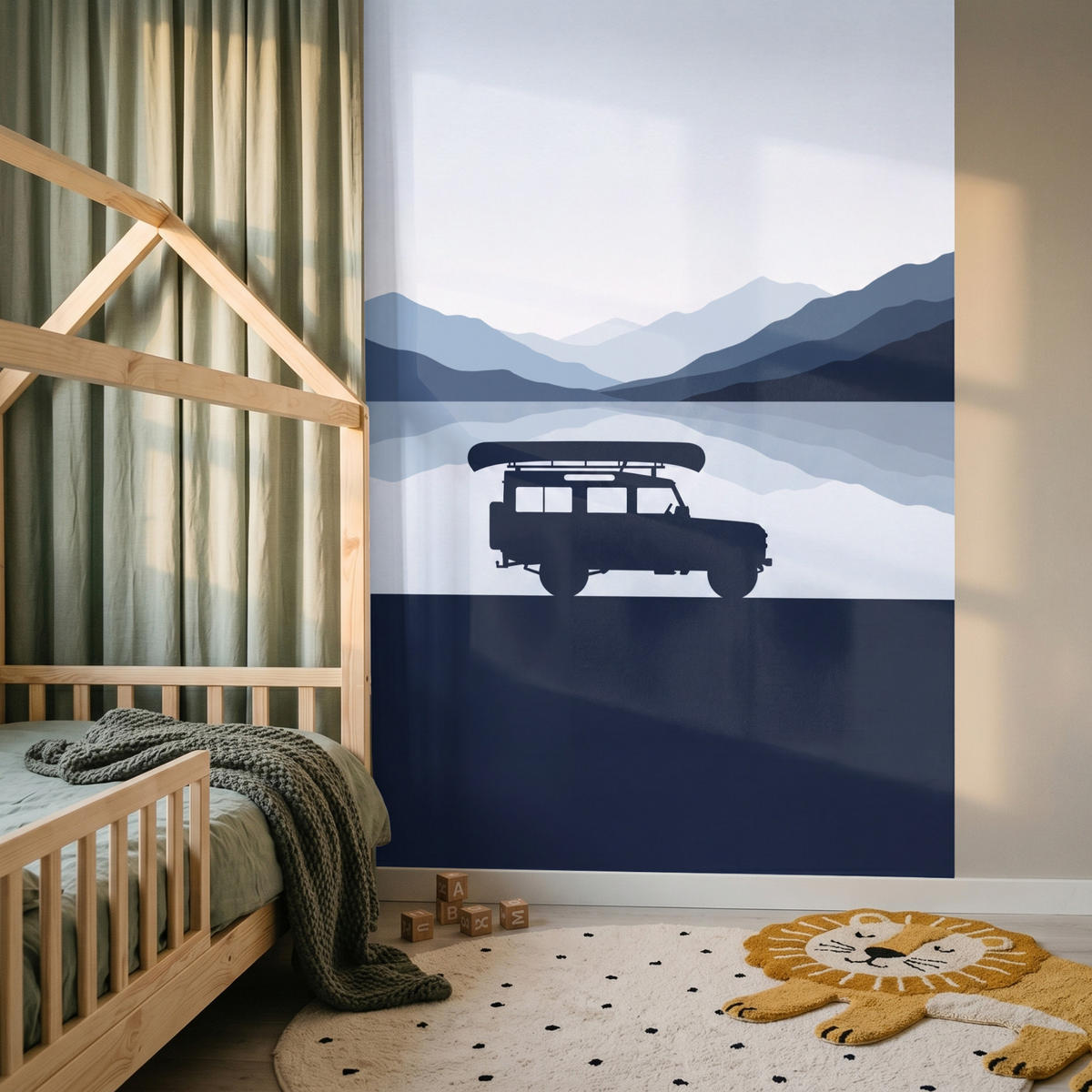 KINDERTAPETE - Auto - See - Berge - Blau - 160x220 cm - Blaugrau, Papier (160/220cm) - OnlyWow