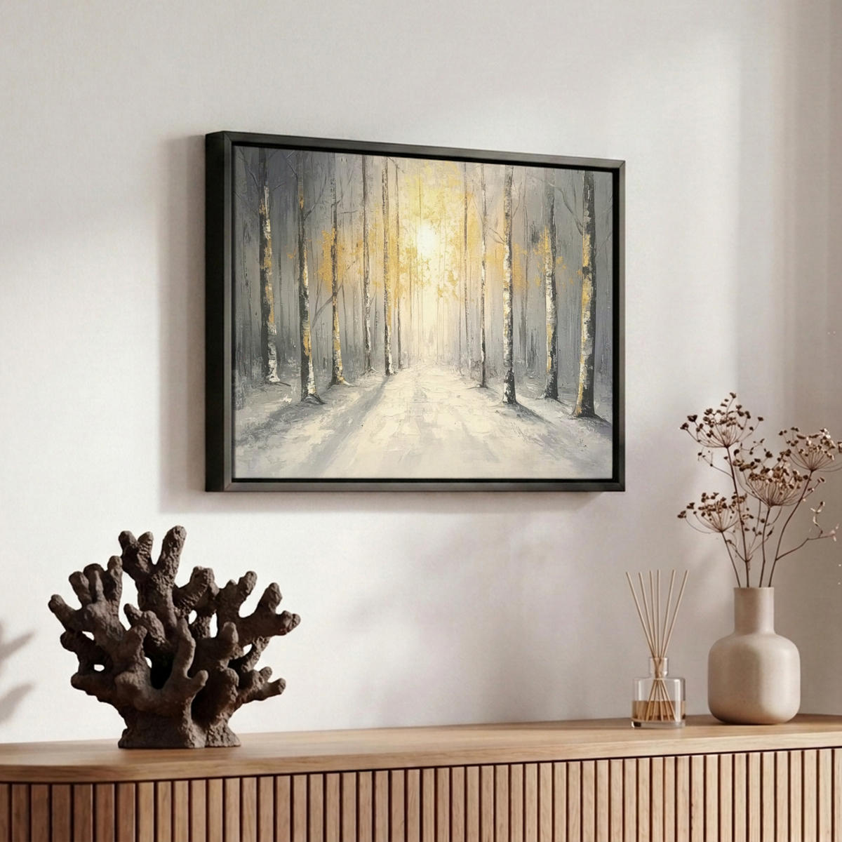 LEINWAND Bilder mit Rahmen - Winter - Abstrakt - Schnee - Natur - Sonne - 30x20 - Grau, Textil (30/20cm) - MuchoWow
