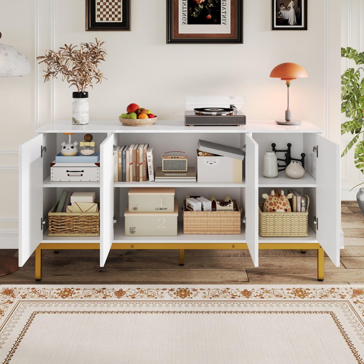 SIDEBOARD in Hochglanz Weiß mit goldenen Metallbeinen und eleganten Ringgriffen, 140/40/80 cm, Weiß/Gold - Weiß, Holzwerkstoff (140/80/40cm) - Redom