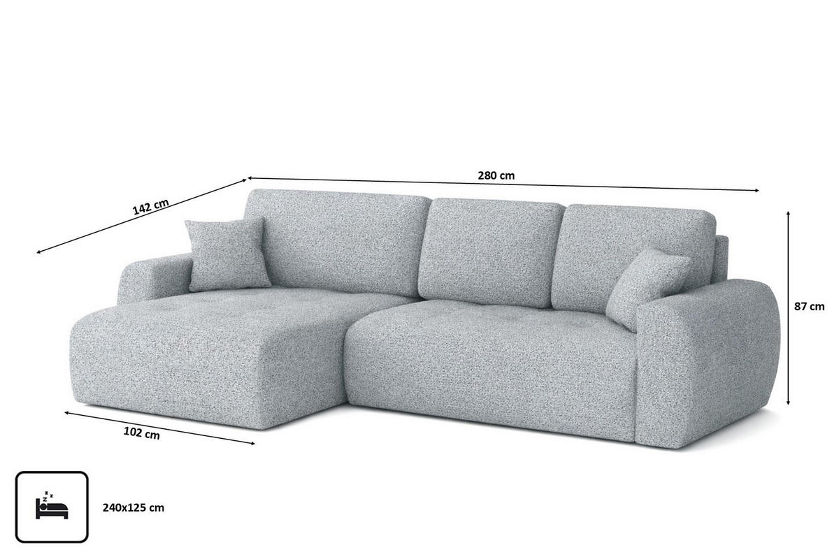 ECKSOFA Mit Schlaffunktion Und Bettkasten L-Form Ivo XL, Chenille-Stoff Artico, Cement, Links - Hellgrau, Holz (280/142cm) - Kaiser Möbel