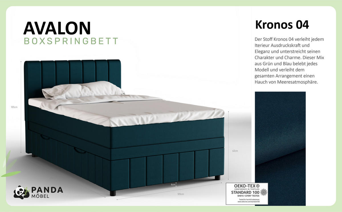 BOXBETT AVALON 120 x 200 cm mit Bettkasten und Topper - Türkis - Türkis, Holz - Panda Möbel