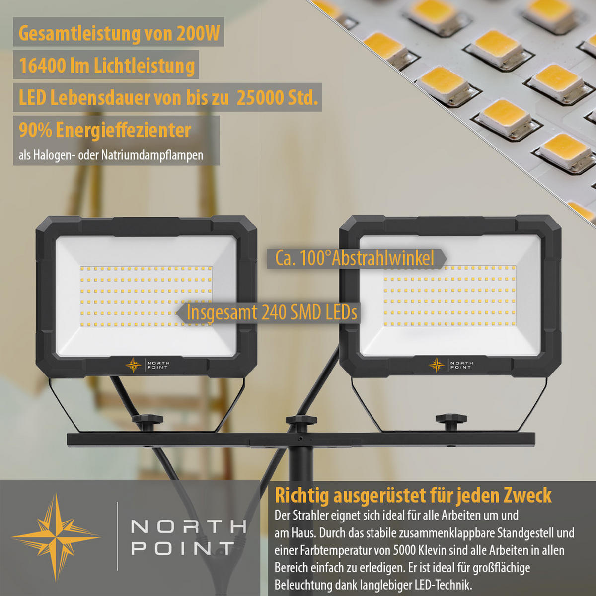 LED-DOPPELBAUSTRAHLER - 2x100W mit Stativ für Innen- und Außenbeleuchtung, 2er-Set - Schwarz, Metall (118/118/164cm) - Northpoint