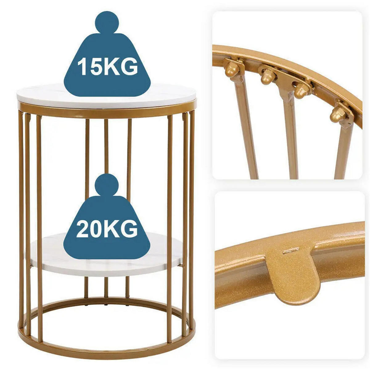 BEISTELLTISCH rund Weiß Marmoroptik 2 Ebenen Stauraum modern - Weiß, Metall (40/40/54cm) - Kaket